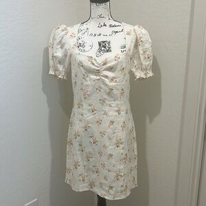 Reformation Gina Puff Sleeve White Linen Floral A-Line Mini Dress Sz. 10